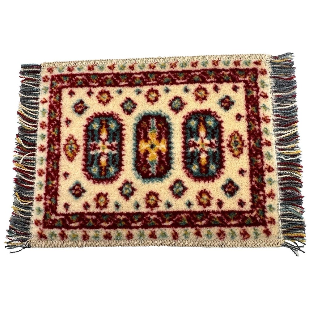 Vintage Dollhouse Miniature Wool Rug Austria Fringe 7.5x5 Red Blue Small Carpet